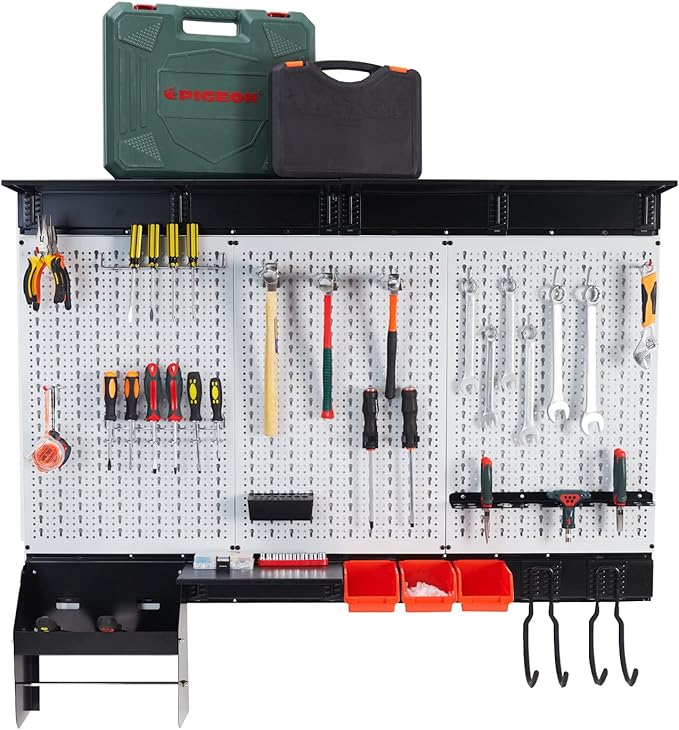 Ultrawall Peboard Storage Organizer, 48x36 inch Pegboard Wall Organizer, Metal Garage Peg Board with Toolboard, Utility Hooks, Overhead Shelf, 105pcs