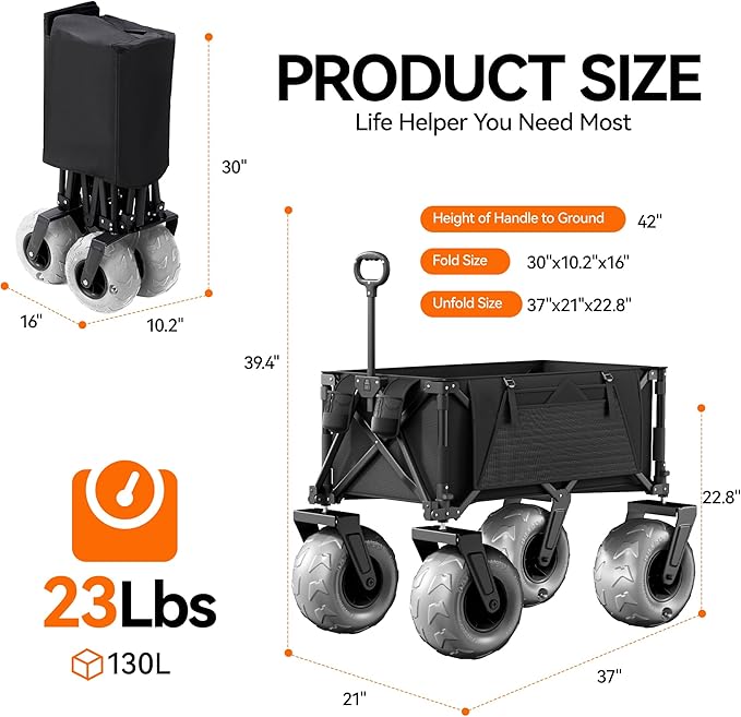 DXZ Beach Wagon Cart with Big Wheels for Sand – Folding Collapsible Wagon, Heavy Duty Wagons Carts Foldable for Beach, Camping, Outdoor Gear, Easy Setup Black Grey