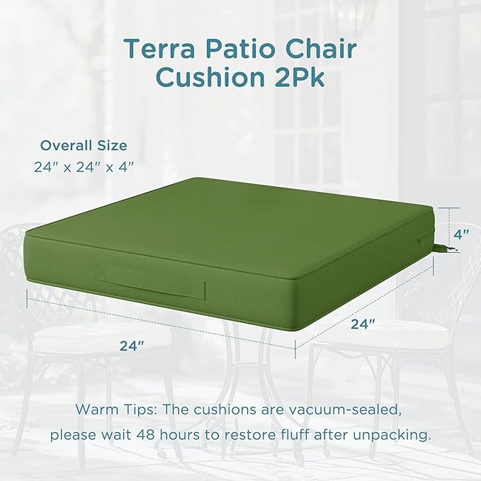Codi Outdoor Cushions for Patio Furniture 24x24 Inch, Waterproof Chair Seat Cushion with Handles & Adjustable Straps, Fade Resistant - Set of 2, Green