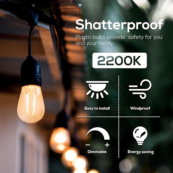 Banord 15 Pack Dimmable 2W S14 Replacement LED Bulbs, 2200K Waterproof Outdoor String Lights Vintage LED Filament Bulb, Shatterproof E26 Screw Base Edison LED Light Bulbs