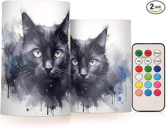 Flickering Flameless Candles, Black Cat Print LED Candles with Remote Timer, Set of 2 Battery Operated Candle for Valentine Wedding Birthday