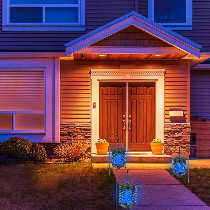 EOYIZW 99 LED Solar Lantern Flickering Flame Lights - 2 Pack Waterproof Garden Lights for Patio Yard Porch Lawn Decorations - Blue Solar Lanterns