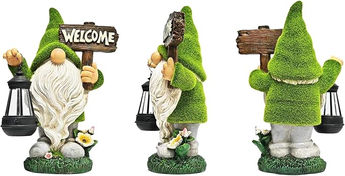 Garden Gnome Statue Outdoor Decor Large Flocked Resin Gnome Figurine with Solar Light Holding Lantern Welcome Sign Garden Yard Decorations Dwarf Sculpture for Outside Patio Porch Lawn Decor.