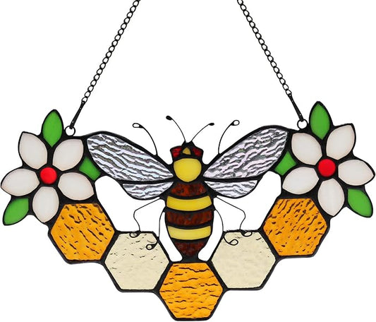 Bee Decor Stained Glass Window Hanging,Honeybee Honeycomb with Flowers Suncatcher for Window,Wall Art Ornaments,Birthday Gifts for Women,Friends,Housewarming Gift