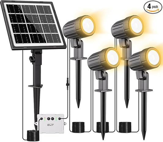 CLY 4-in-1 Solar Spot Lights Outdoor with 14M Cable Solar Powered Landscape Lighting Low Voltage IP66 Waterproof Auto On/Off for Outside Garden Yard Landscape Pathway 2700K Warm White