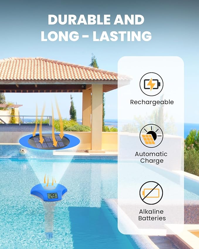 BALDR Pool Thermometer Floating Easy Read, IPX8 Waterproof, Solar Powered Digital Pool Thermometer with LCD Screen for Swimming Pool/Hot Tub/Aquarium (Navy)