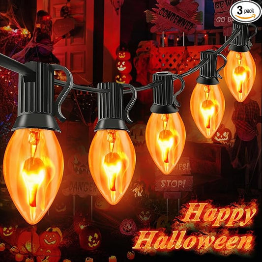 Flickering Flame String Lights with 27 C7 Clear Orange Flame Blubs (2 Spare), 25FT Vintage String Lights for Indoor Outdoor Halloween Decorations Party Black Wire