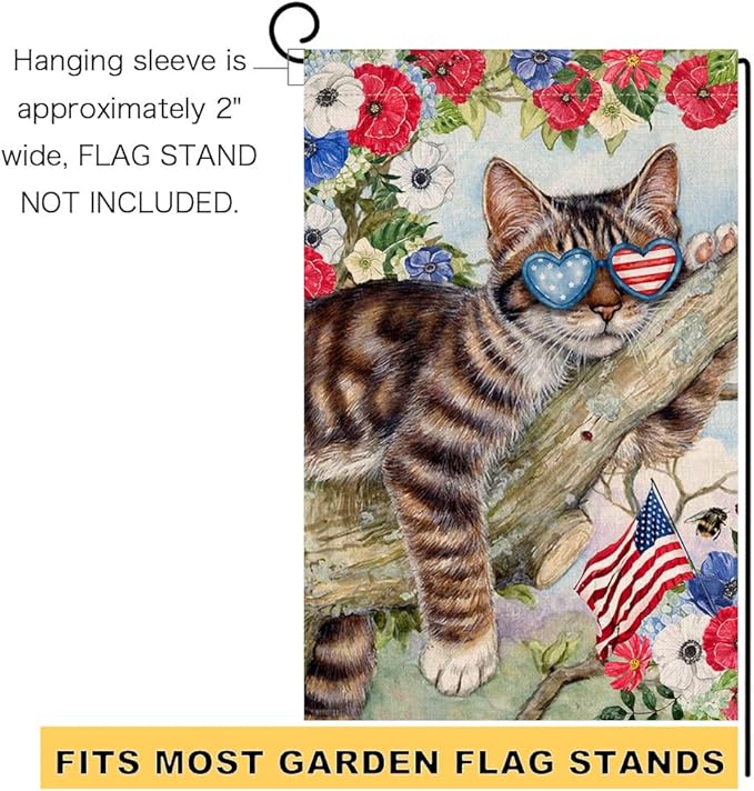 BLKWHT 4th of July Cat Garden Flag 12x18 Vertical Double Sided Red Blue Floral Memorial Day Independence Day Holiday Outside Decorations Burlap Yard Flag BW823