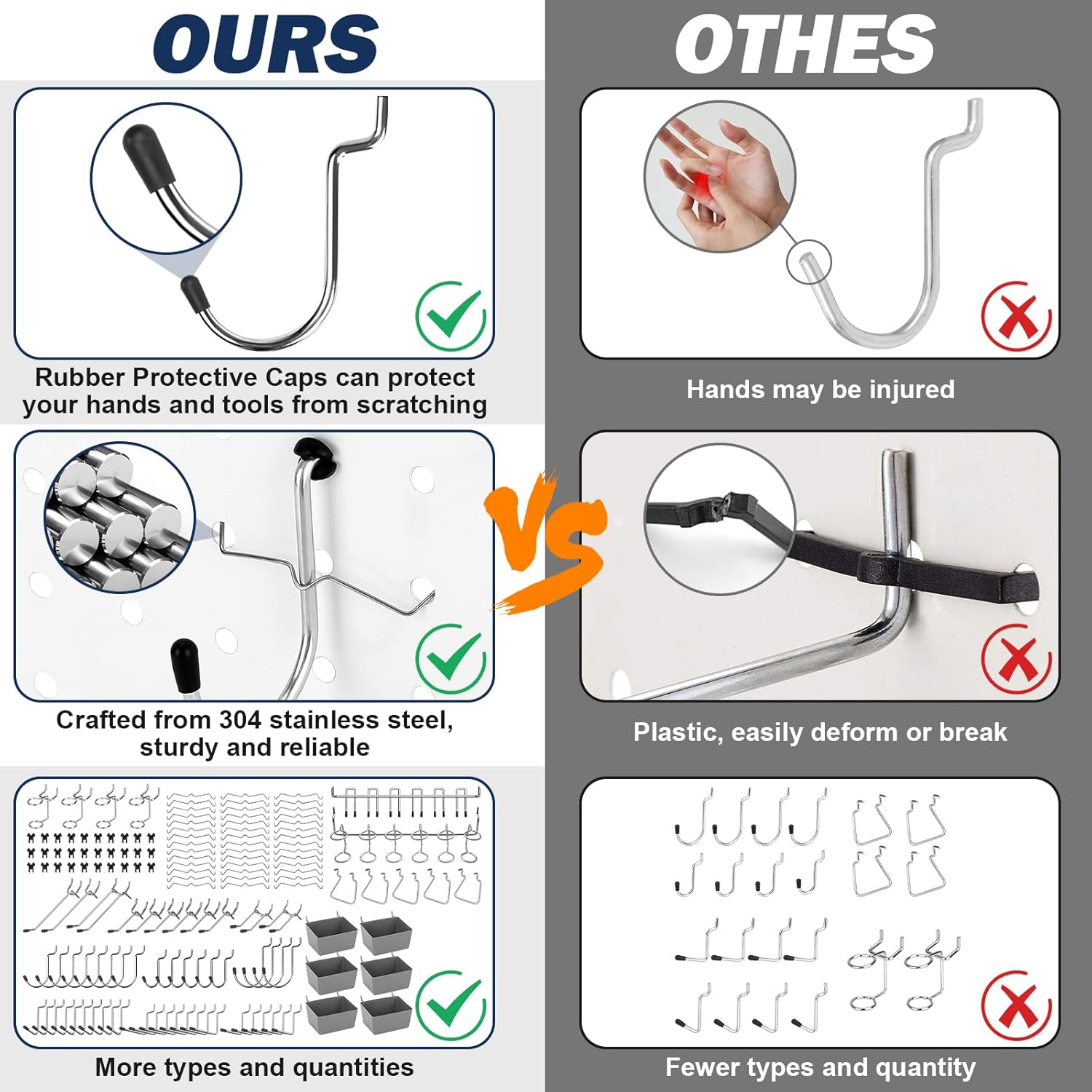 17-in-1 Pegboard Hooks Assortment - 143 Pcs 14 Sizes Peg Board Organizer Accessories Kit with 6 Pegboard Bins, 30 Silicone & 42 Stainless Steel Peg Hook Locks for 1/4" and 1/8" Pegboards Hanging Tools