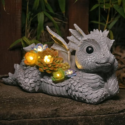 Garden Dragon Statue Outdoor Decor, Dragon Garden Sculpture Waterproof Solar LED Lights Resin Succulent Decorations for Outside Lawn Patio Patio Yard Ornament Gifts