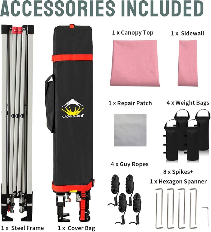 CROWN SHADES 10x10 Pop Up Canopy with 1 Side Wall - Beach Tent with One Push Setup - Outdoor Sun Shade for Events, Parties, Camping - Gazebo with STO-N-Go Cover Bag (Pink)