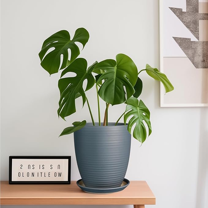 8 Inch Ceramic Plant Pot Large Planter Pot for Plants Indoor Outdoor Glaze Flower Pot with Drainage Hole and Saucer Gray