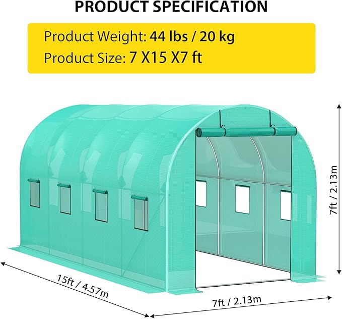 Compact Greenhouse Kit 7'x15'x7' with Galvanized Frame, 140G Green PE Cover, 1 Door & 8 Windows for Outdoor Gardening