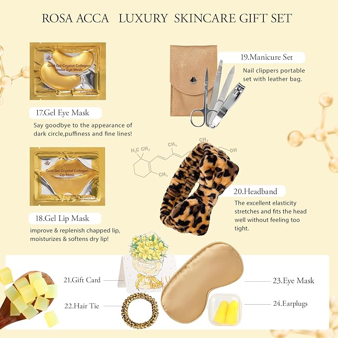 Leopard 32 Pcs Facial Skin Care Set, Spa & Self-Care Gifts, Bath and Body Gifts for Women, Lip Oil, Face Sheet Mask, Bath Oil, Hyaluronic Acid, Birthday, Christmas, Valentines