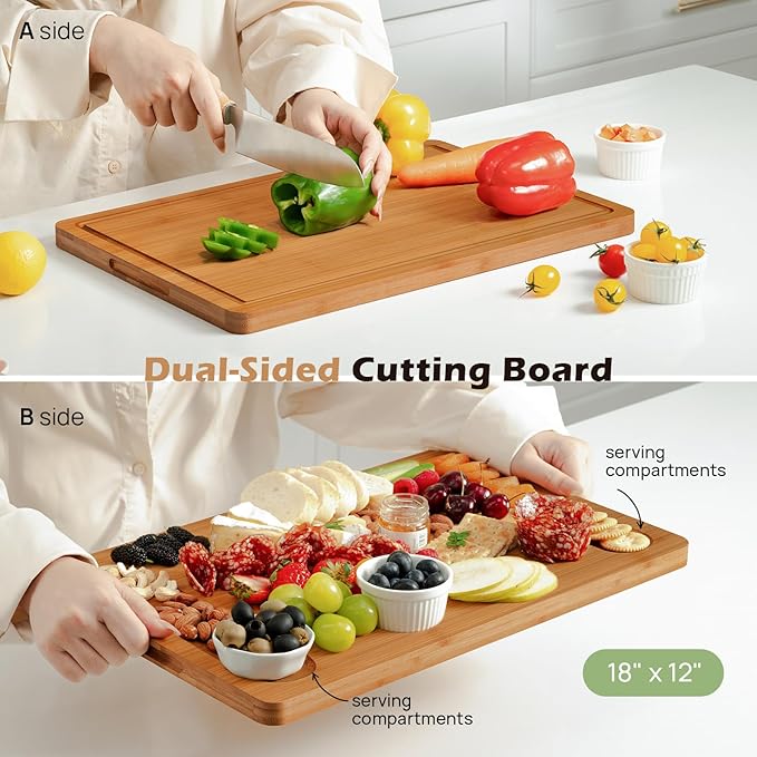 Extra Large Bamboo Cutting Board for Kitchen - 18 Inch Wood XL Cutting Boards with Juice Groove and Handles, Wooden Chopping Board for Meat, Cheese, Fruit & Vegetables (Pre Oiled, Brown)