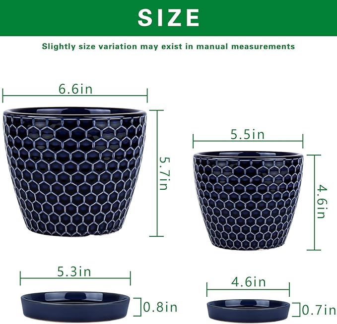 Docrin Ceramic Plant Pots Indoor: 6.6 + 5.5 Inch Planters with Drainage Holes and Saucer for Home/Office - Set of 2 /Blue Honeycomb