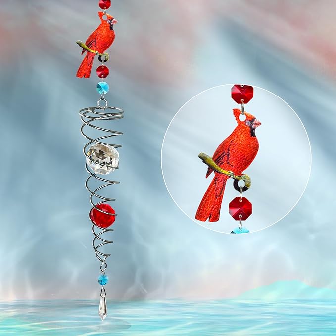 FONMY Cardinal Gazing Ball Spiral Tail Wind Spinner Sun Catcher Rainbow Maker Silver Spiral W/ K9 Crystal Ball Tree Hanging Ornament Indoor Outdoor Garden Decor. 19.5inch H