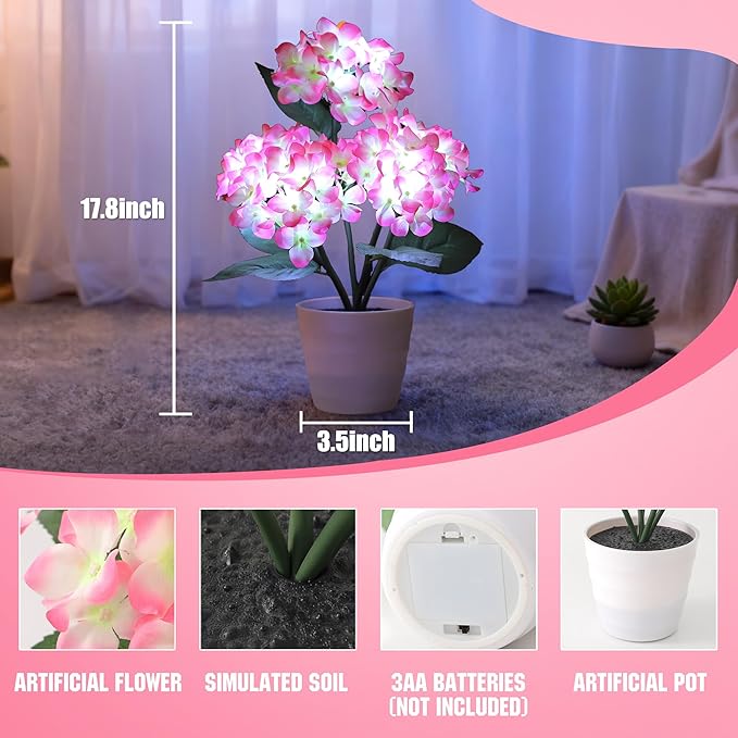 Pink Artificial Hydrangea LED Flower Pot - Lighted Floral Decor for Wedding, Christmas, Home Decor, Battery-Operated Night Light, Gift for Women