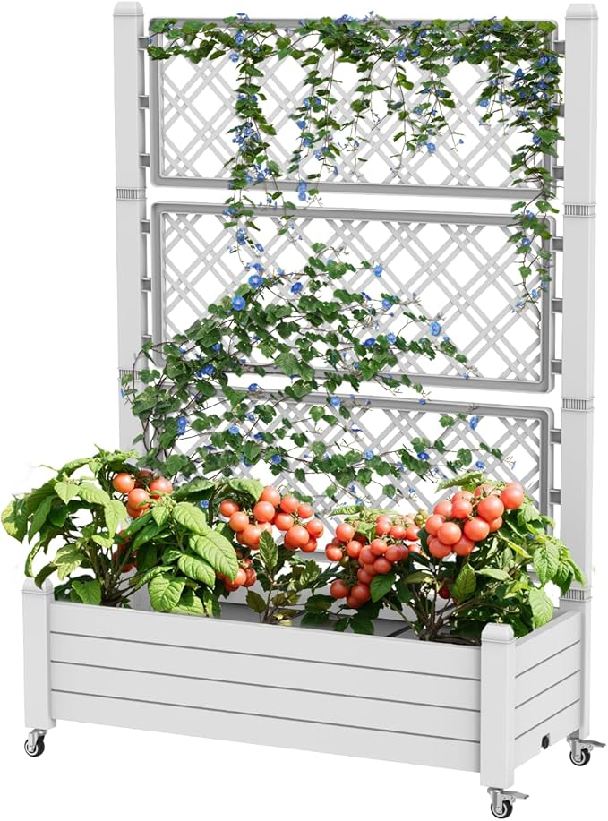 Elevated Raised Garden Bed with Trellis,Outdoor Large Resin Patio Planter Box Stand Divisible with Drain Plug,Water Monitor for Plants Vegetables Flowers Fruits (Ashen, 43.43 * 18.27 * 64.29)