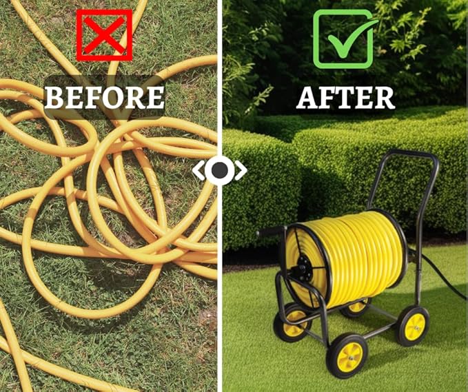 Garden Hose Reel Cart, Heavy Duty Steel Reel with Wheels, Garden Hose Holder for Outside, Backyard, or Lawn, Mobile Garden Cart Holds Up to 250 ft of 5/8’’