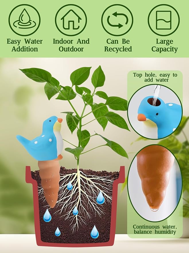 4Pcs Plant Watering Globes, Kalolary Bird Shape Self Watering Spikes Terracotta Drip Water Stakes Irrigation Watering Bulbs for Pot, Indoor, Outdoor, Vacation ﻿