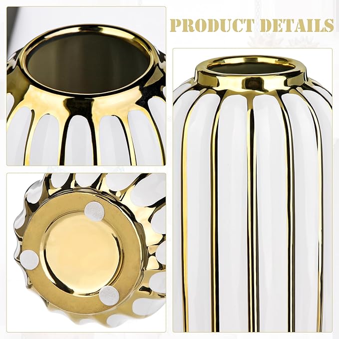 Briful Gold Plated Lantern Ceramic Vase Home Decor Creative Design Porcelain Decorative Flower Vase 8.66'' White Ceramic Vases for Wedding Anniversary Decoration
