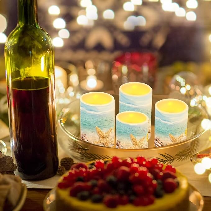 Flameless Candles Battery Powered LED Candles with Remote Timer Color Changing Control Long Lasting for Indoor Outdoor Beach Home Decoration Set of 4, Coastal Starfish Blue Sea