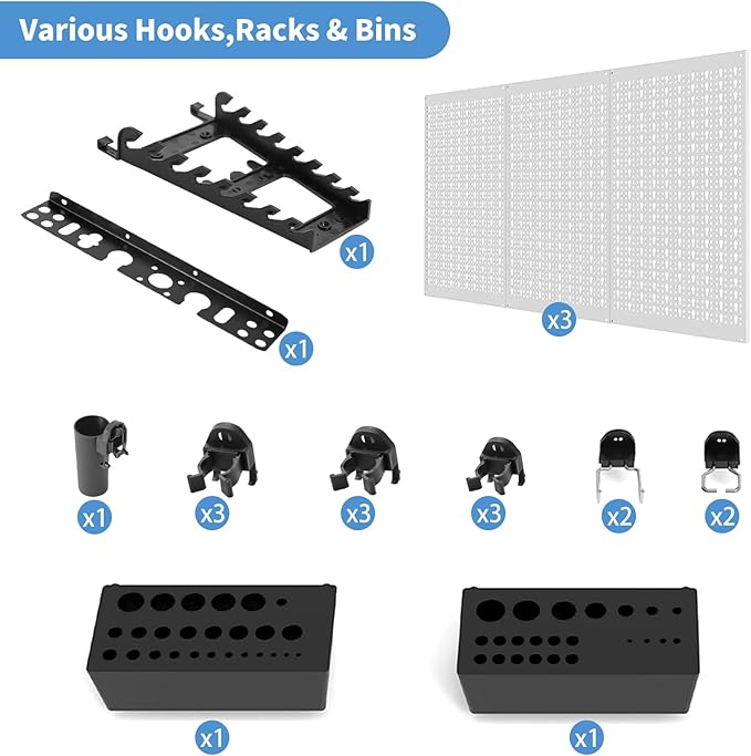 Ultrawall Peboard Storage Organizer, 48x36 inch Pegboard Wall Organizer, Metal Garage Peg Board with Toolboard, Utility Hooks, Overhead Shelf, 105pcs