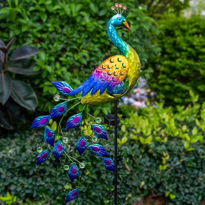 DREAMSOUL Solar Garden Lights Outdoor, Metal Peacock Decor Solar Lights Garden Stakes with Led String Lights, Waterproof Crackle Glass Ball Landscape Path Light for Lawn Patio