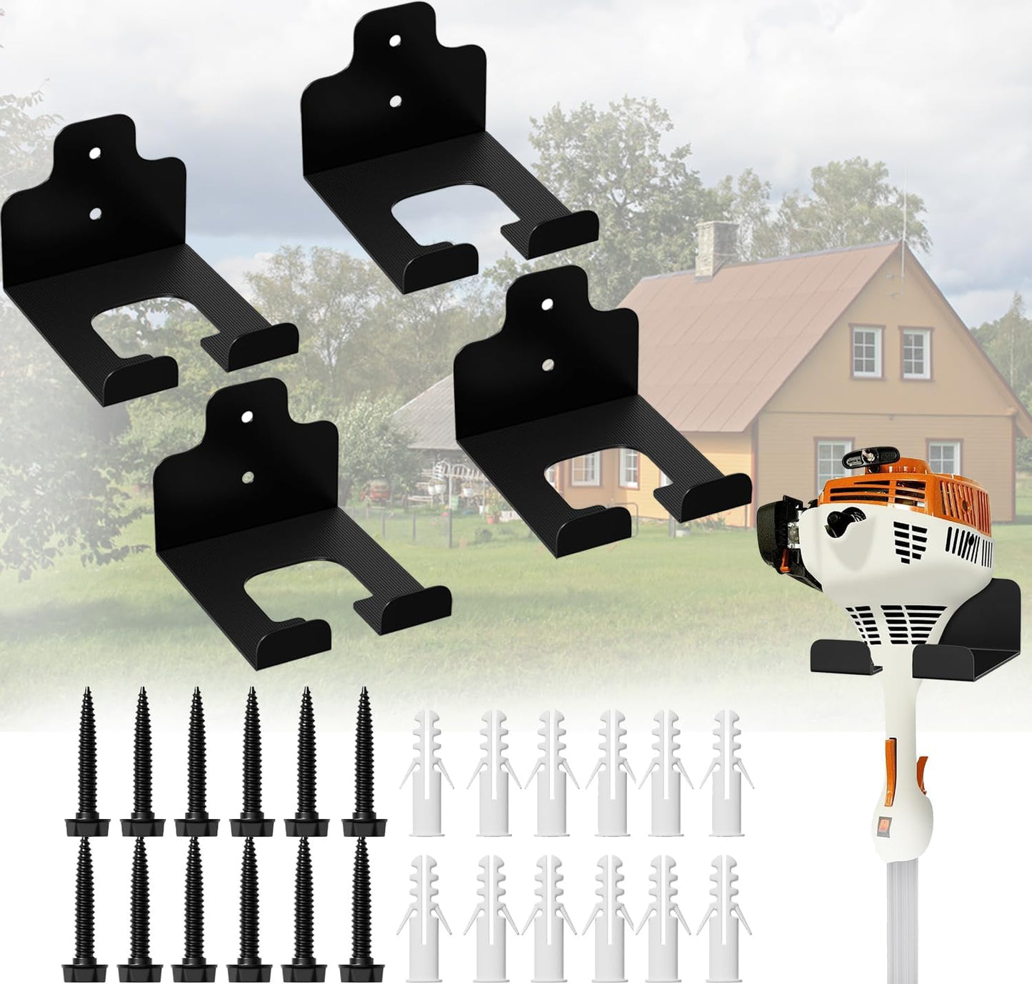 Garage Organizer Trimmer Rack, Wall Mounted Tool Hanger for Grass Trimmer, Hedge Trimmer, Weed Whackers & Garden Tools – Heavy Duty, Space-Saving, Anti-Rust Storage Rack for Garage & Home,4 PCS