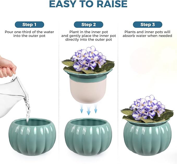 African Violet Pots, 6 inch Pumpkin-Style Ceramic Easy Self Watering Plant Pot for Busy Plant Lovers, Automatically Absorb Appropriate Amount of Water, Flower Pot Indoor-Plants Not Included