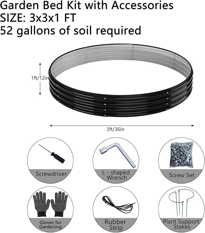 Galvanized Metal Planter Round Raised Garden Bed Kit for Gardening Outdoor，3x3x1ft Grow Garden Box Raised Flower Bed，Round Galvanized Planter Outdoor Large Metal Fire Pit Ring Black