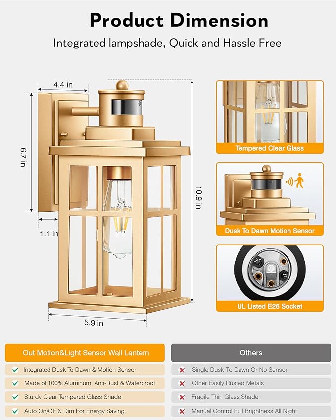 Gold Motion Sensor Outdoor Lights, Waterproof Exterior Lighting Fixtures, Aluminum Modern Outdoor Wall Lights Exterior, Transparent Glass Outdoor Porch Lights for House, Garden, Yard, E26 Base