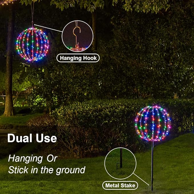 Christmas Ball Sphere, 20IN 200LED Hanging Tree and Pathway Light With Hook and Stake, Foldable Metal Frame Ball for Outdoor Garden, UL Listed, Brown Frame, RGB