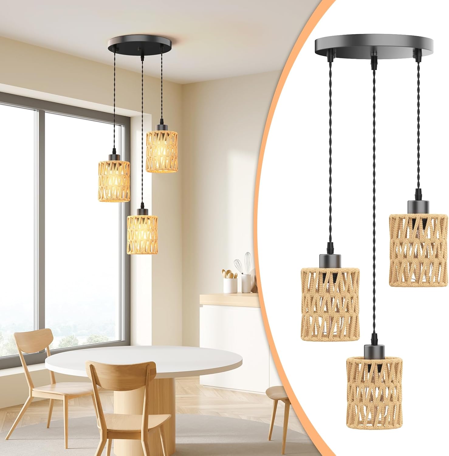 3 in 1 Farmhouse Hemp Rope Pendant Light - Rustic Hand-Woven Rattan Hanging Light Fixture for Kitchen Island,Dining Room,Bedroom- Wicker Cage Chandelier-Coastal/Nautical/Boho Style Lighting Fixture