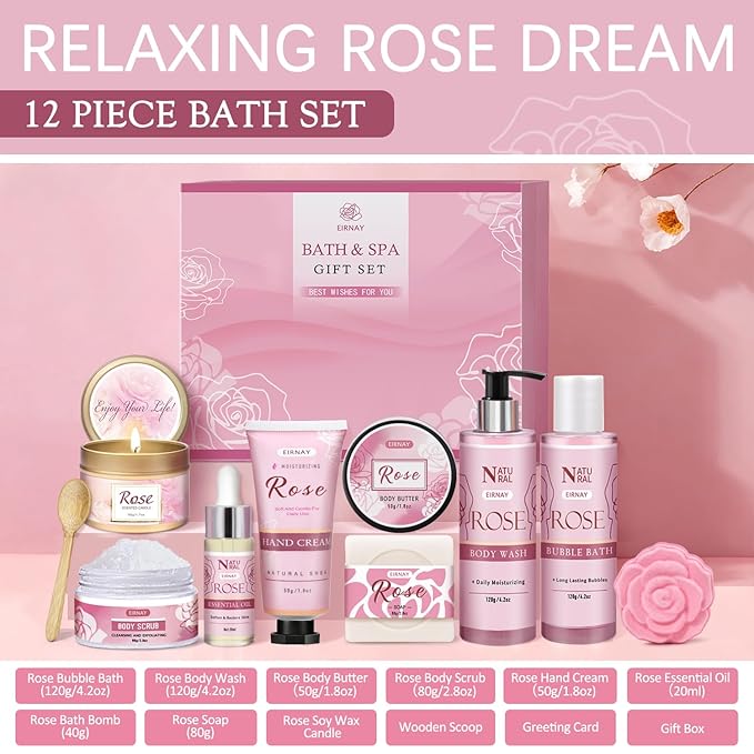 Gifts for Women,12pc Rose Scented Bath and Body Set Birthday Gift Baksket for Women Home Spa Bath Set for Her Mom Sister Wife Friend Christmas Stocking Stuffers Gifts