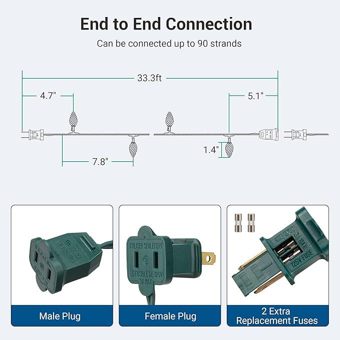 DEWENWILS C7 LED Christmas Lights Outdoor, 33.3ft 50LED Christmas String Lights, Outdoor Decorations for Christmas Tree, Patio, Garden, Yard, Green Wire, Red & White, UL Listed