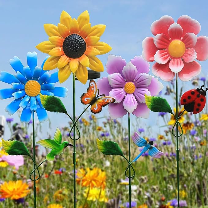 4 Pack Outdoor Solar Lights,Outdoor Waterproof Metal Art Stick Flowers,Garden Decor for Women Mom Grandma Halloween Hanging Metal Stakes Lights for Garden,Lawn,Patio