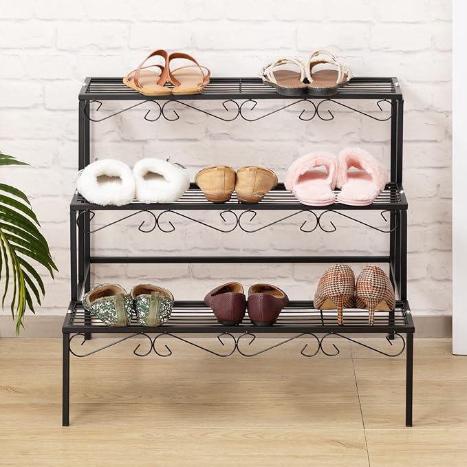 DOEWORKS 3 Tier Stair Style Metal Plant Stand, Garden Shelf for Large Flower Pot Display Rack Indoor Outdoor, Black
