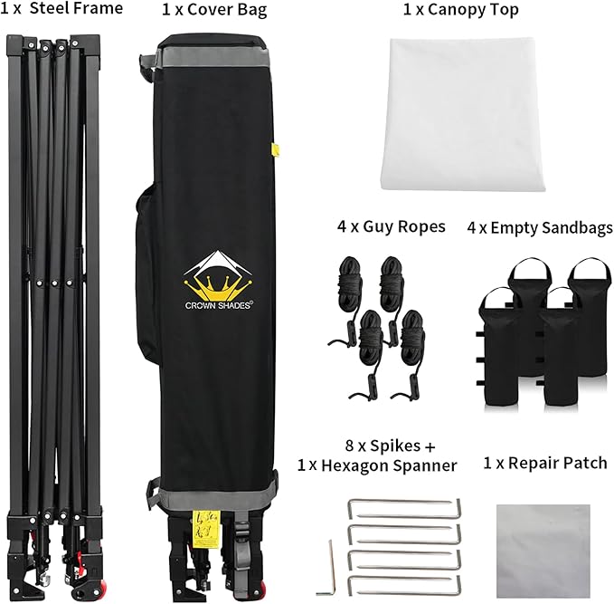 CROWN SHADES 10x10 Pop Up Canopy - Patented Center Lock One Push Instant Outdoor Canopy Beach Tent with STO-N-Go Bag 8 Stakes & 4 Sand Bags，White