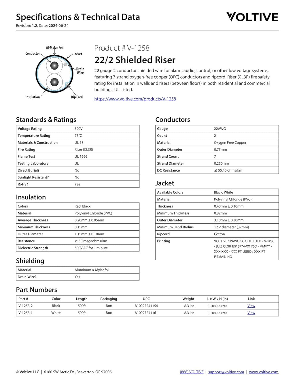 Voltive 22/2 Shielded Riser - CL3R Rated - Bare Copper - 500 Foot Box - Black