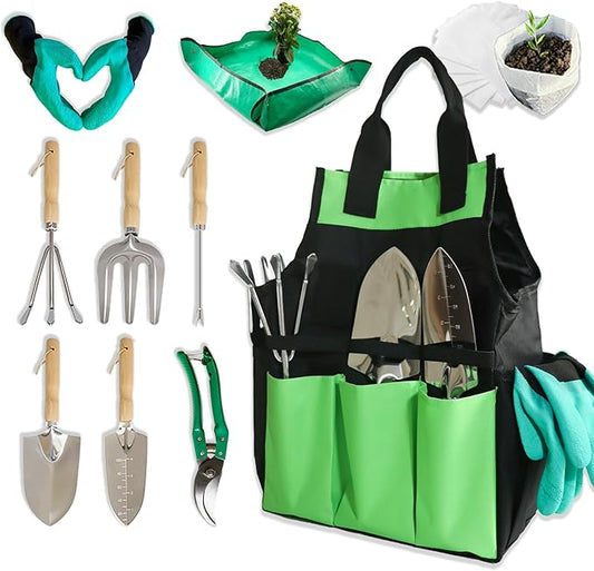 Garden Tool Set of 10 Pieces, Heavy-Duty Stainless Steel Gardening Hand Tools with Repotting Mat and Grow Bags, Gardening Tool Set with Durable Gardening Bag, Ideal Gardening Gifts for Women Men