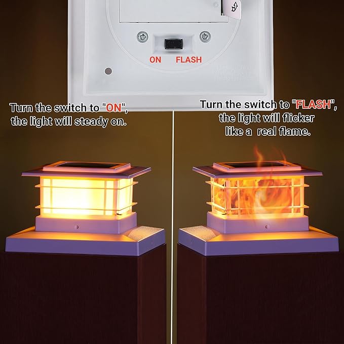 Dynaming 4 Pack Solar Flame Post Lights Outdoor, Solar Powered Fence Post White Shell Cap Light, High Brightness Flickering Flame LED Lighting for Garden Deck Patio, Fit 4x4 5x5 6x6 Vinyl/Wooden Posts