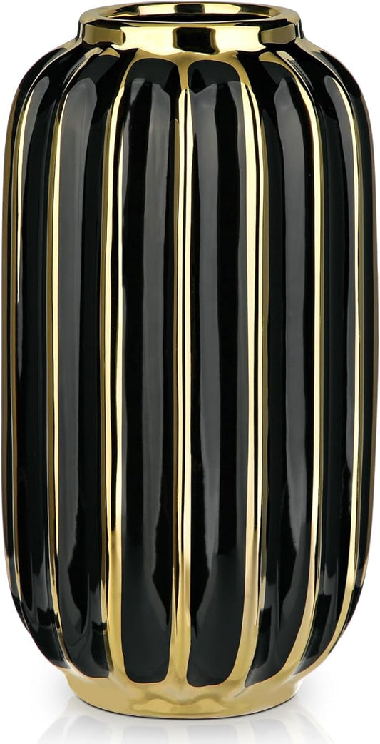 Briful Gold Plated Lantern Ceramic Vase Home Decor Creative Design Porcelain Decorative Flower Vase 11.02'' Black Ceramic Vases for Wedding Anniversary Decoration