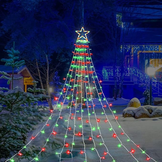 Christmas Decorations Star String Lights, 320 LED Waterfall Tree Lights with 13" Topper Star 8 Lighting Modes Indoor Outdoor Decorative for New Year, Holiday, Wedding, Party