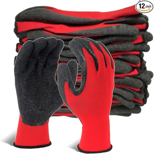 Evridwear Crinkle Latex Rubber Hand Coated Safety Work Gloves for Men Women General Multi Use Construction Warehouse Gardening Assembly Landscaping (XXL-Size) 12 Pairs Pack