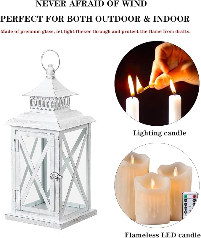 DECORKEY Lantern Decorative Indoor & Outdoor, Large Square Hanging Spring Home Decor, Vintage Metal Decorative Candle Lanterns for Outdoor Patio Wedding Party White with Black Brush