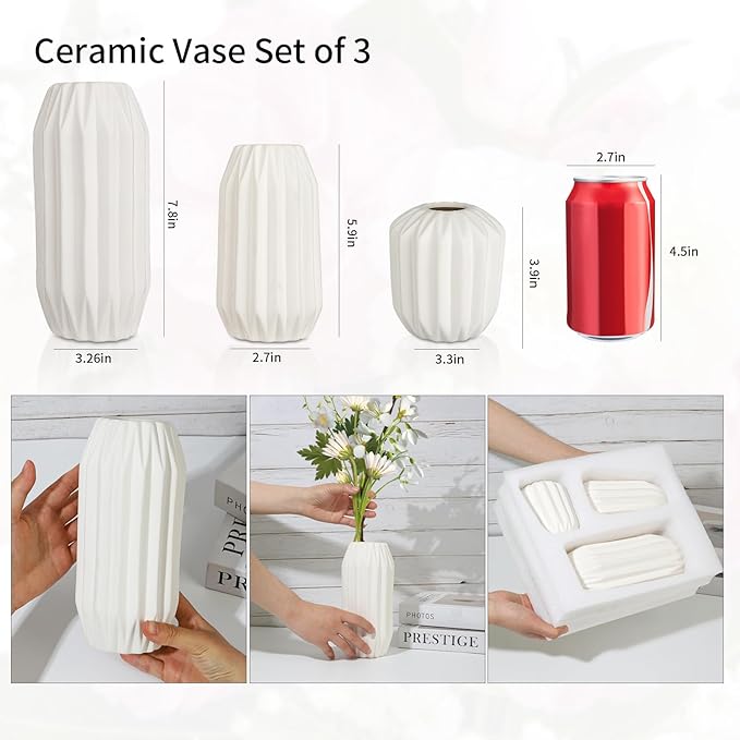 Ceramic Vase Set of 3, White Vase for Modern Home Decor, Decorative Vases for Bouquet Pampas Grass Dried Flowers, Living Room, Bedroom, Bathroom, Shelf Centerpiece Table Decorations