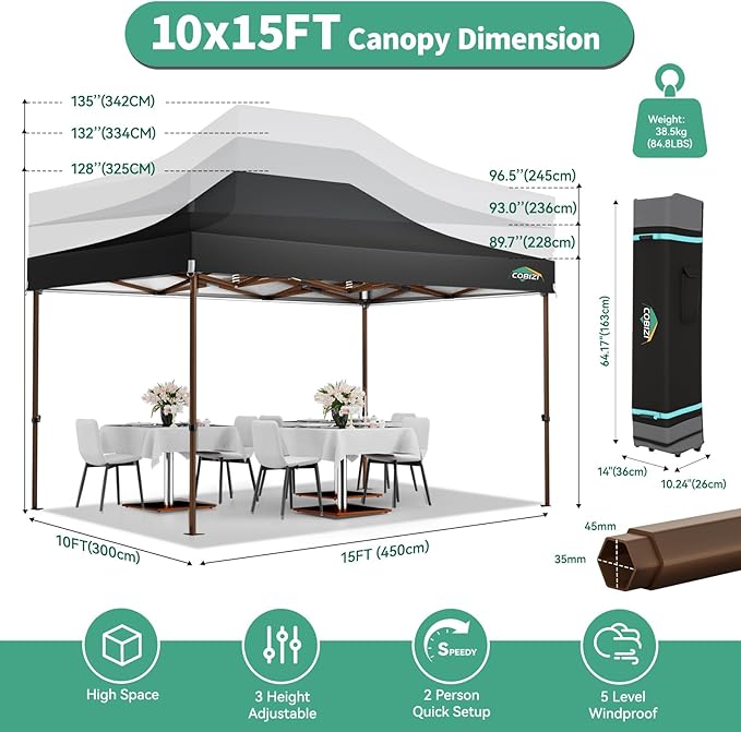 COBIZI 10x15 Pop Up Canopy Tent Heavy Duty with Sidewall, Commercial Outdoor Easy Pop Up Gazebo for Party Wedding All Weather Waterproof UV 50+ with Roller Bag(Leg Upgraded),Black