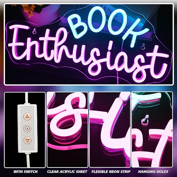 Book Enthusiast Neon Sign Wall Decor,Neon Light Bedroom Wall Decor Suitable Indoor Light for Classroom Book Party Library Reading Room Decoration Bookish Gifts